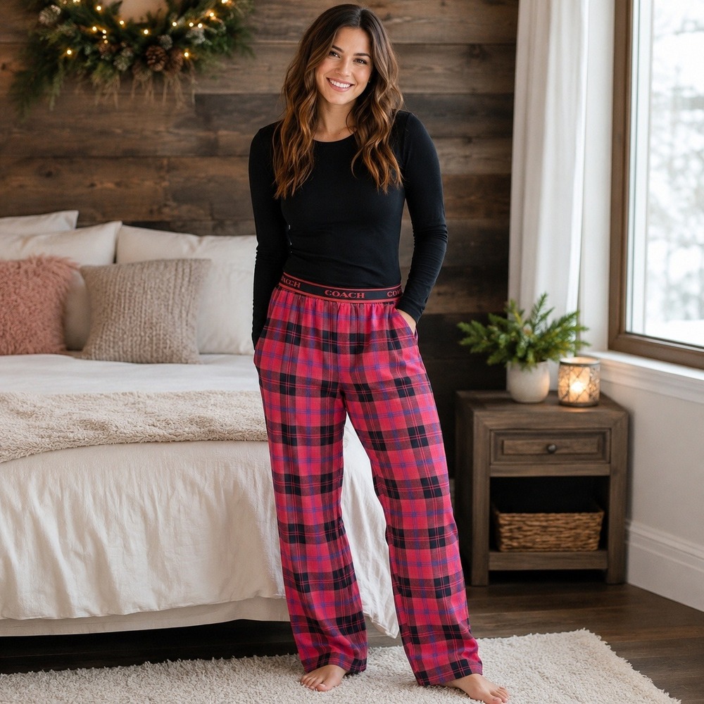 Coach Flannel Pajama Pants Red Black Plaid Logo Waistband Womens Large